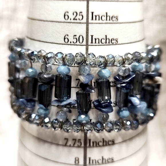 Dusty Blue Gray Faceted Glass Square Tube Beads Natural Stone Stretch Bracelet - Picture 2 of 7